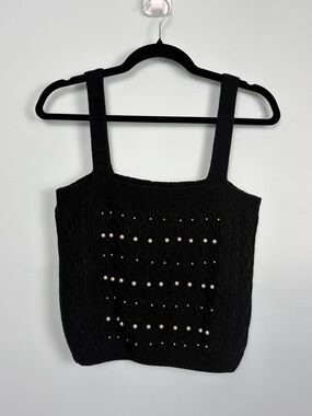 J. NNA Women’s Medium Black Pearl-Embellished Knit Tank Top Cropped NWT